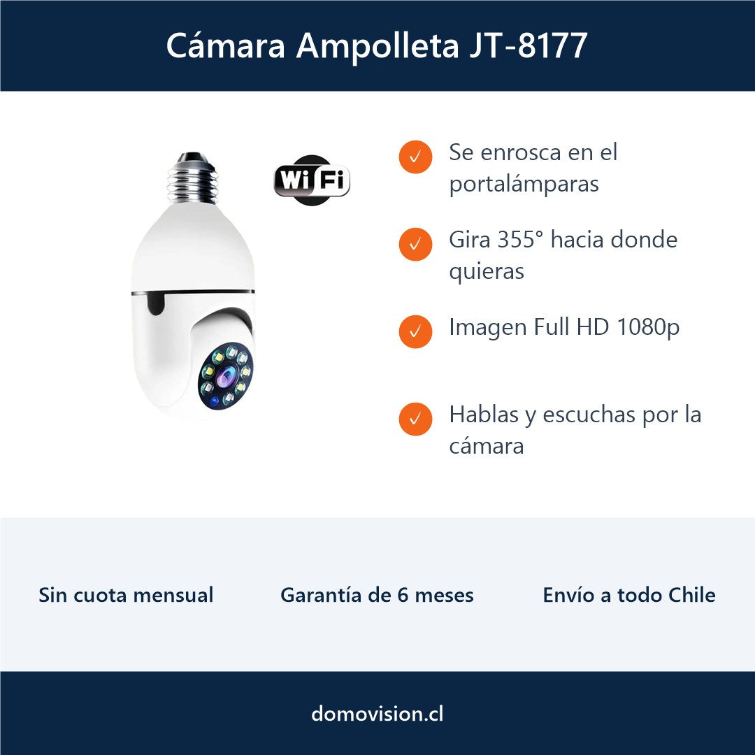 Beneficios de la cámara ampolleta JT-8177: se enrosca, gira 355°, Full HD y audio de dos vías