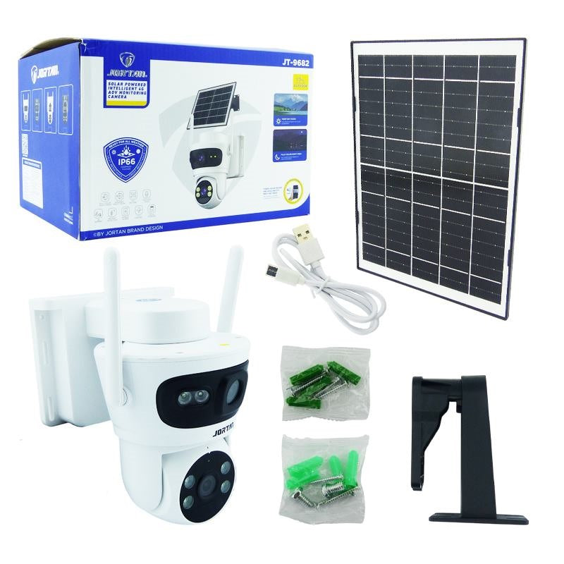 Cámara solar 4G doble lente con panel solar, soporte y accesorios